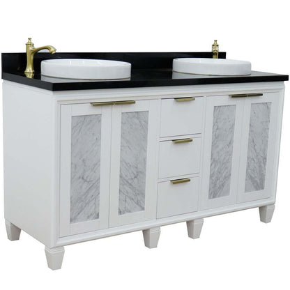 61" Double sink vanity in White finish with Black galaxy granite and round sink - 400990-61D-WH-BGRD