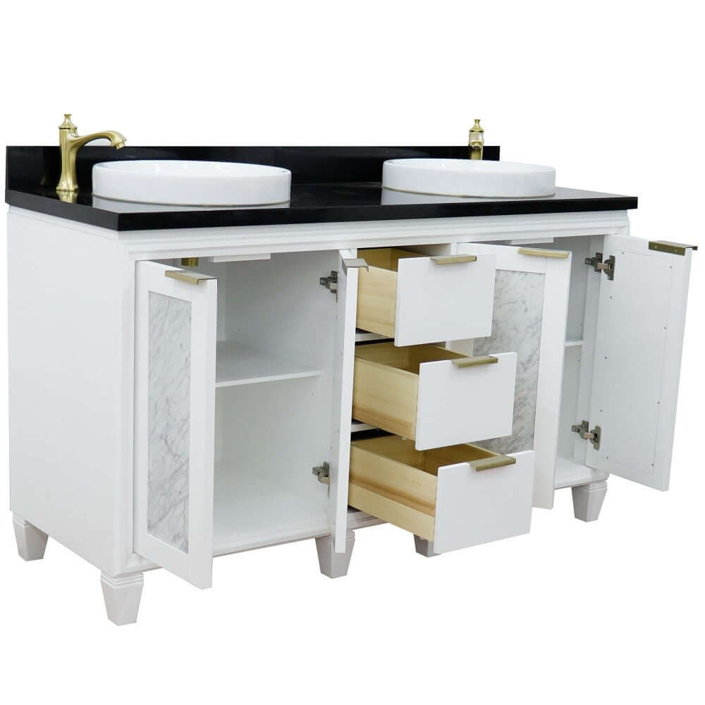 61" Double sink vanity in White finish with Black galaxy granite and round sink - 400990-61D-WH-BGRD