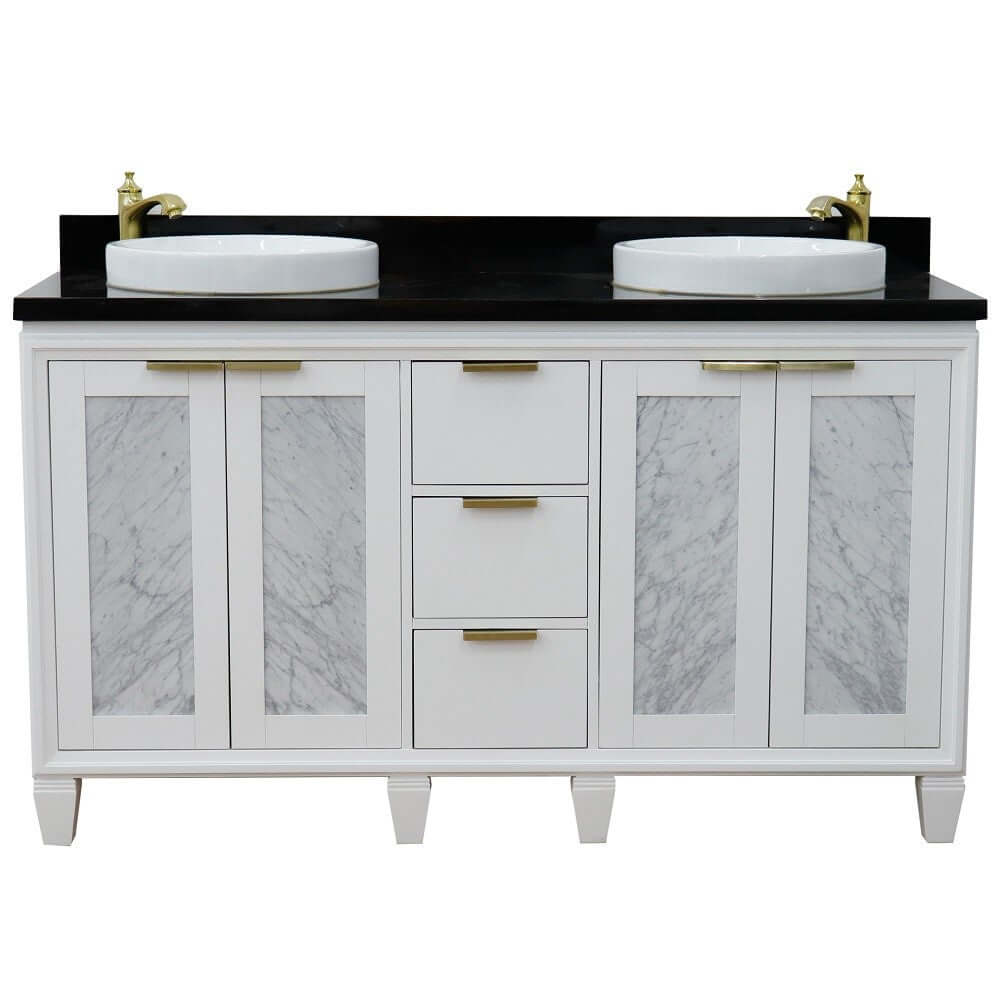 61" Double sink vanity in White finish with Black galaxy granite and round sink - 400990-61D-WH-BGRD