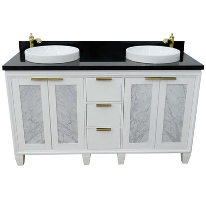 61" Double sink vanity in White finish with Black galaxy granite and round sink - 400990-61D-WH-BGRD