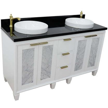 61" Double sink vanity in White finish with Black galaxy granite and round sink - 400990-61D-WH-BGRD