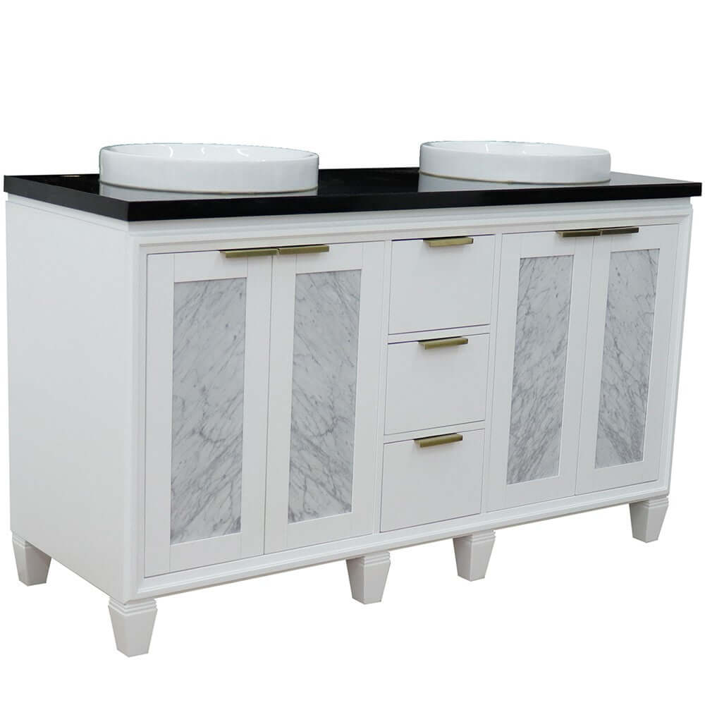 61" Double sink vanity in White finish with Black galaxy granite and round sink - 400990-61D-WH-BGRD