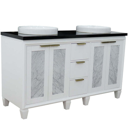 61" Double sink vanity in White finish with Black galaxy granite and round sink - 400990-61D-WH-BGRD