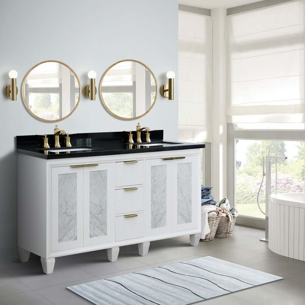 61" Double sink vanity in White finish with Black galaxy granite and rectangle sink - 400990-61D-WH-BGR