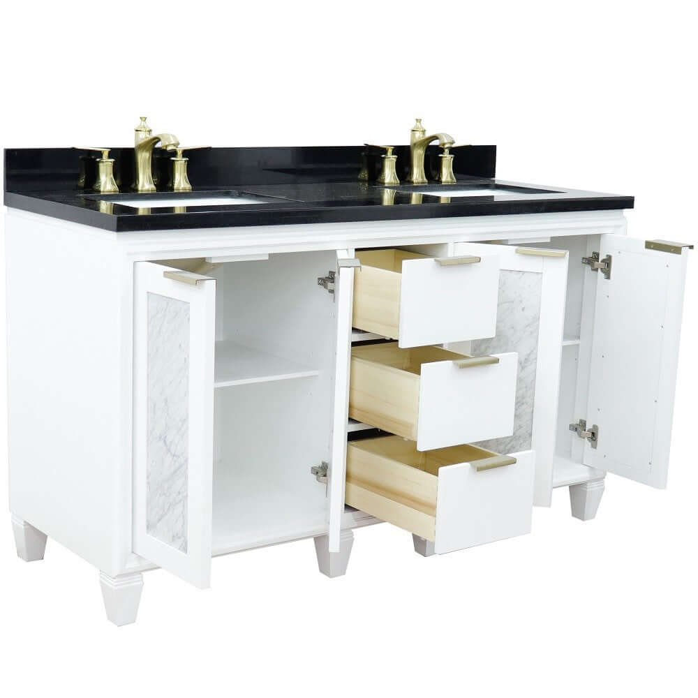 61" Double sink vanity in White finish with Black galaxy granite and rectangle sink - 400990-61D-WH-BGR