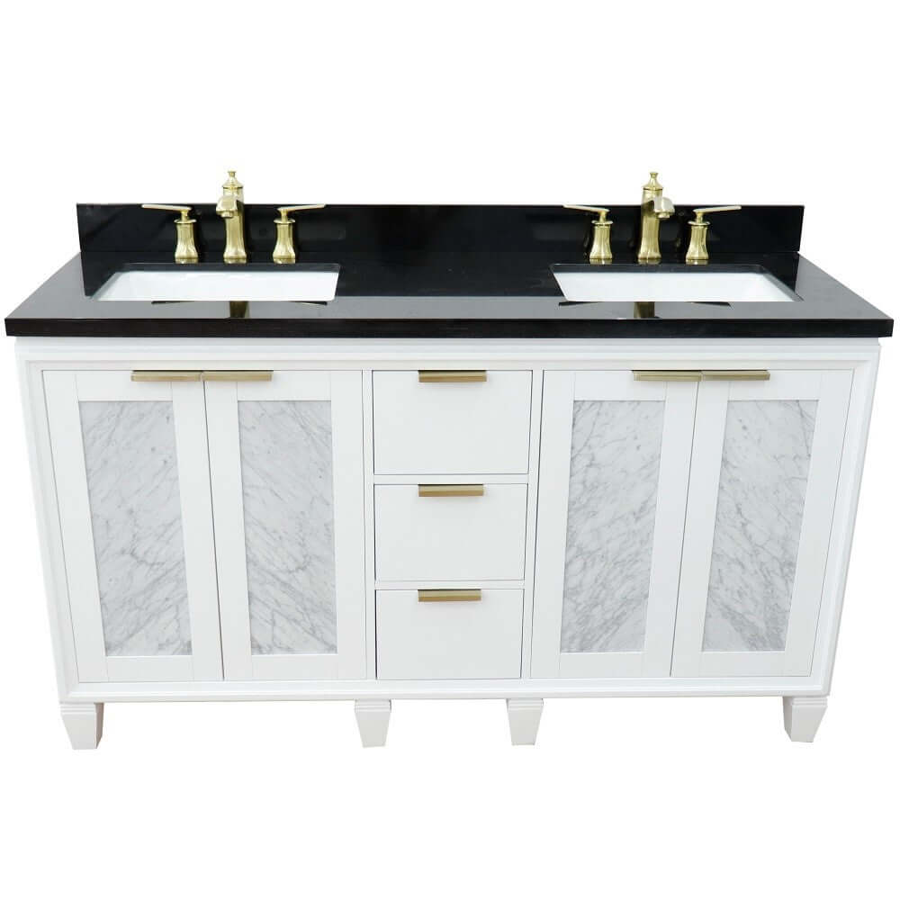 61" Double sink vanity in White finish with Black galaxy granite and rectangle sink - 400990-61D-WH-BGR