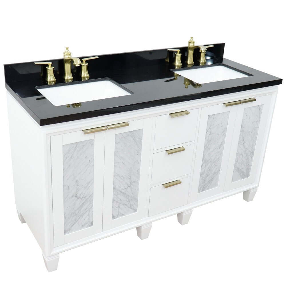 61" Double sink vanity in White finish with Black galaxy granite and rectangle sink - 400990-61D-WH-BGR