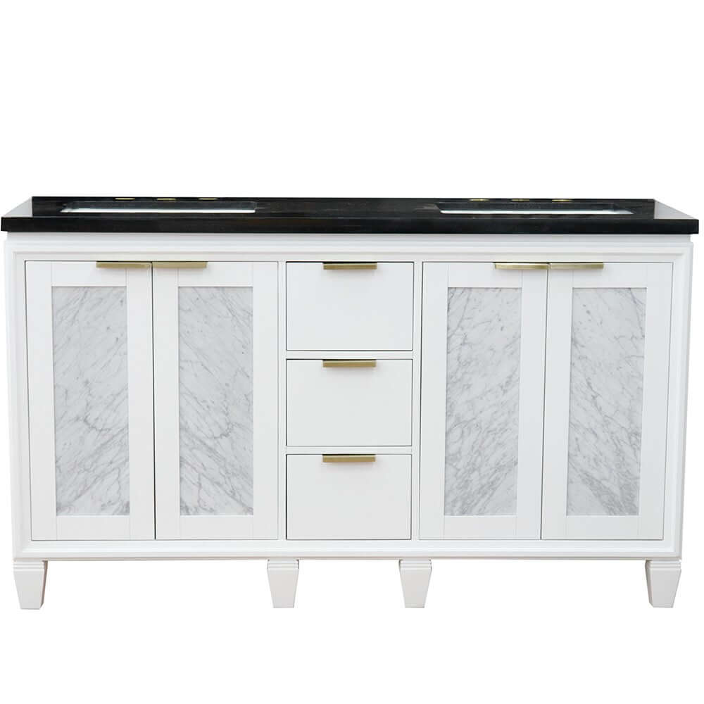 61" Double sink vanity in White finish with Black galaxy granite and rectangle sink - 400990-61D-WH-BGR