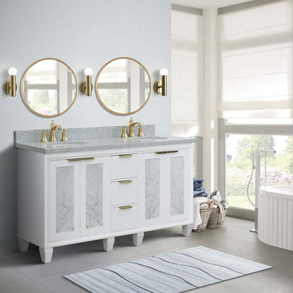 61" Double sink vanity in White finish with Gray granite and oval sink - 400990-61D-WH-GYO