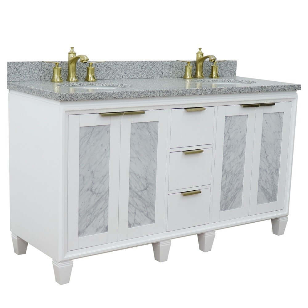 61" Double sink vanity in White finish with Gray granite and oval sink - 400990-61D-WH-GYO