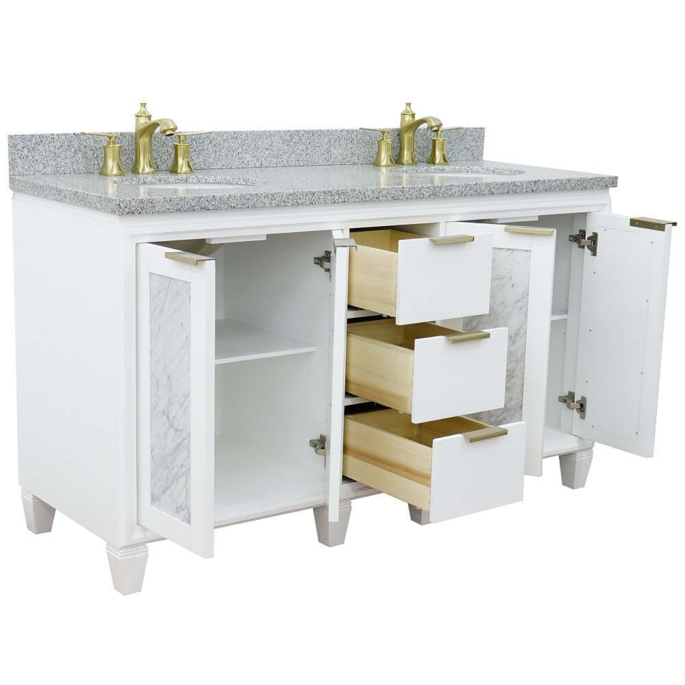 61" Double sink vanity in White finish with Gray granite and oval sink - 400990-61D-WH-GYO