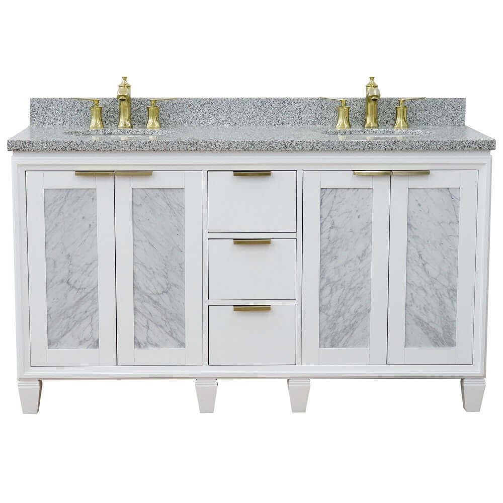 61" Double sink vanity in White finish with Gray granite and oval sink - 400990-61D-WH-GYO