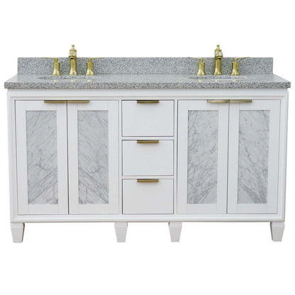 61" Double sink vanity in White finish with Gray granite and oval sink - 400990-61D-WH-GYO