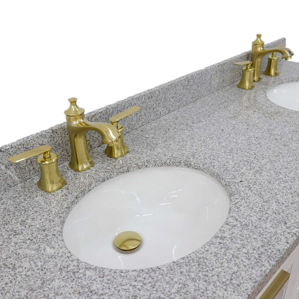 61" Double sink vanity in White finish with Gray granite and oval sink - 400990-61D-WH-GYO