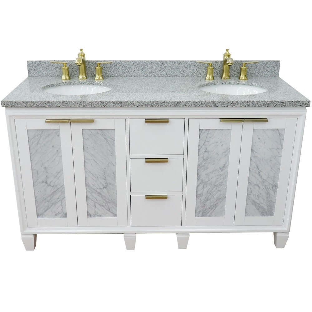 61" Double sink vanity in White finish with Gray granite and oval sink - 400990-61D-WH-GYO