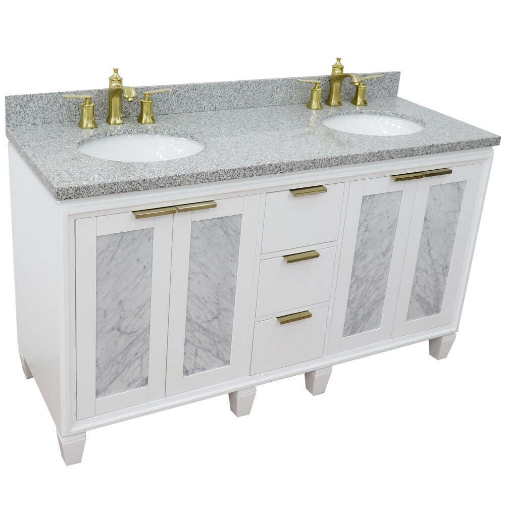 61" Double sink vanity in White finish with Gray granite and oval sink - 400990-61D-WH-GYO