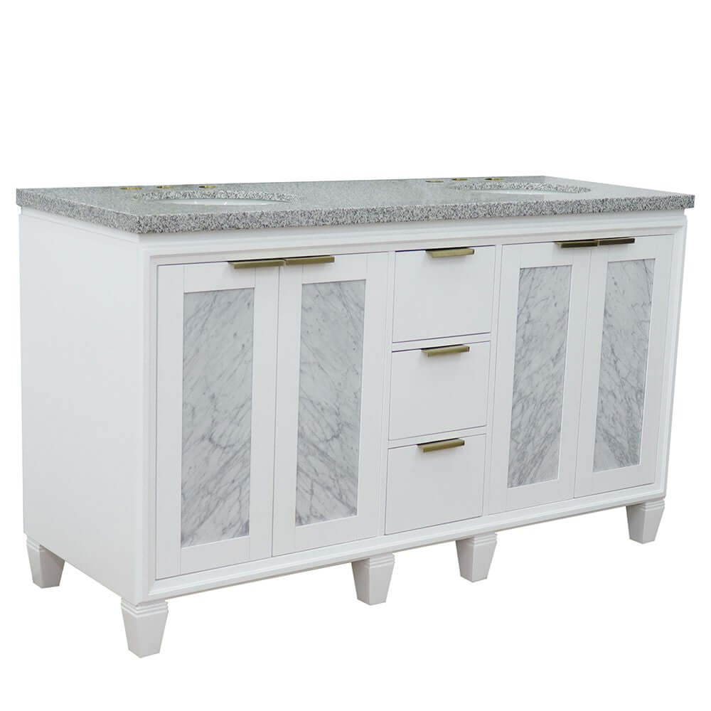 61" Double sink vanity in White finish with Gray granite and oval sink - 400990-61D-WH-GYO