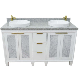 61" Double sink vanity in White finish with Gray granite and round sink - 400990-61D-WH-GYRD