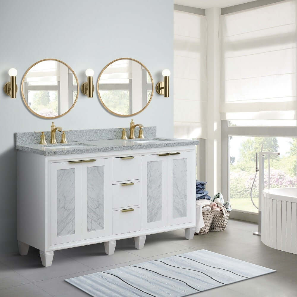 61" Double sink vanity in White finish with Gray granite and rectangle sink - 400990-61D-WH-GYR