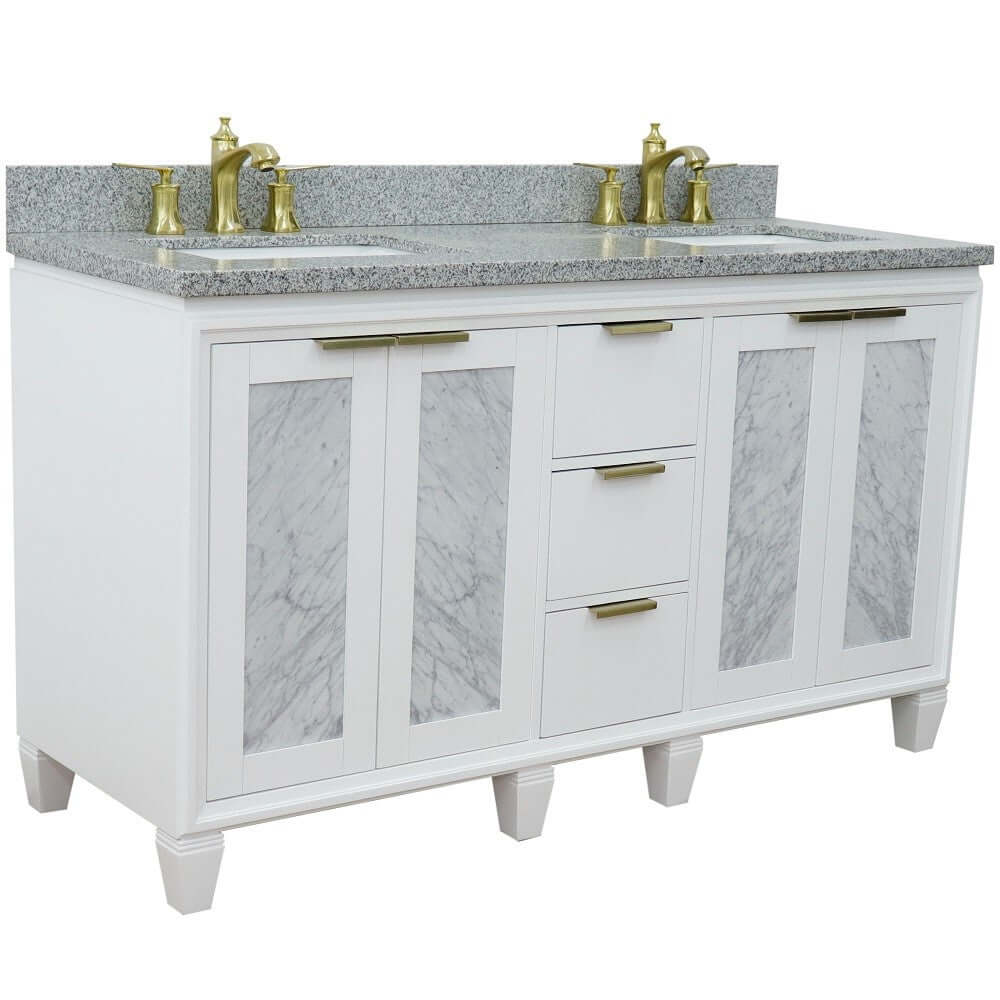 61" Double sink vanity in White finish with Gray granite and rectangle sink - 400990-61D-WH-GYR