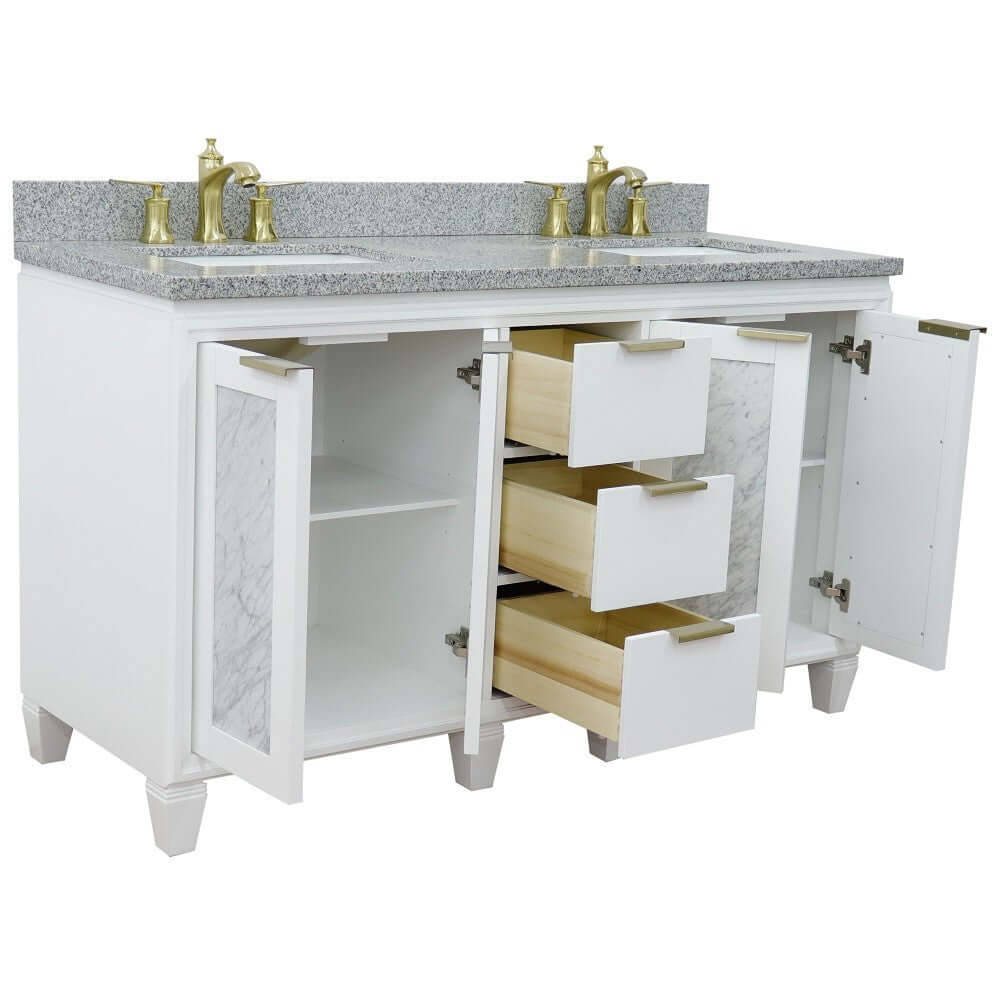 61" Double sink vanity in White finish with Gray granite and rectangle sink - 400990-61D-WH-GYR