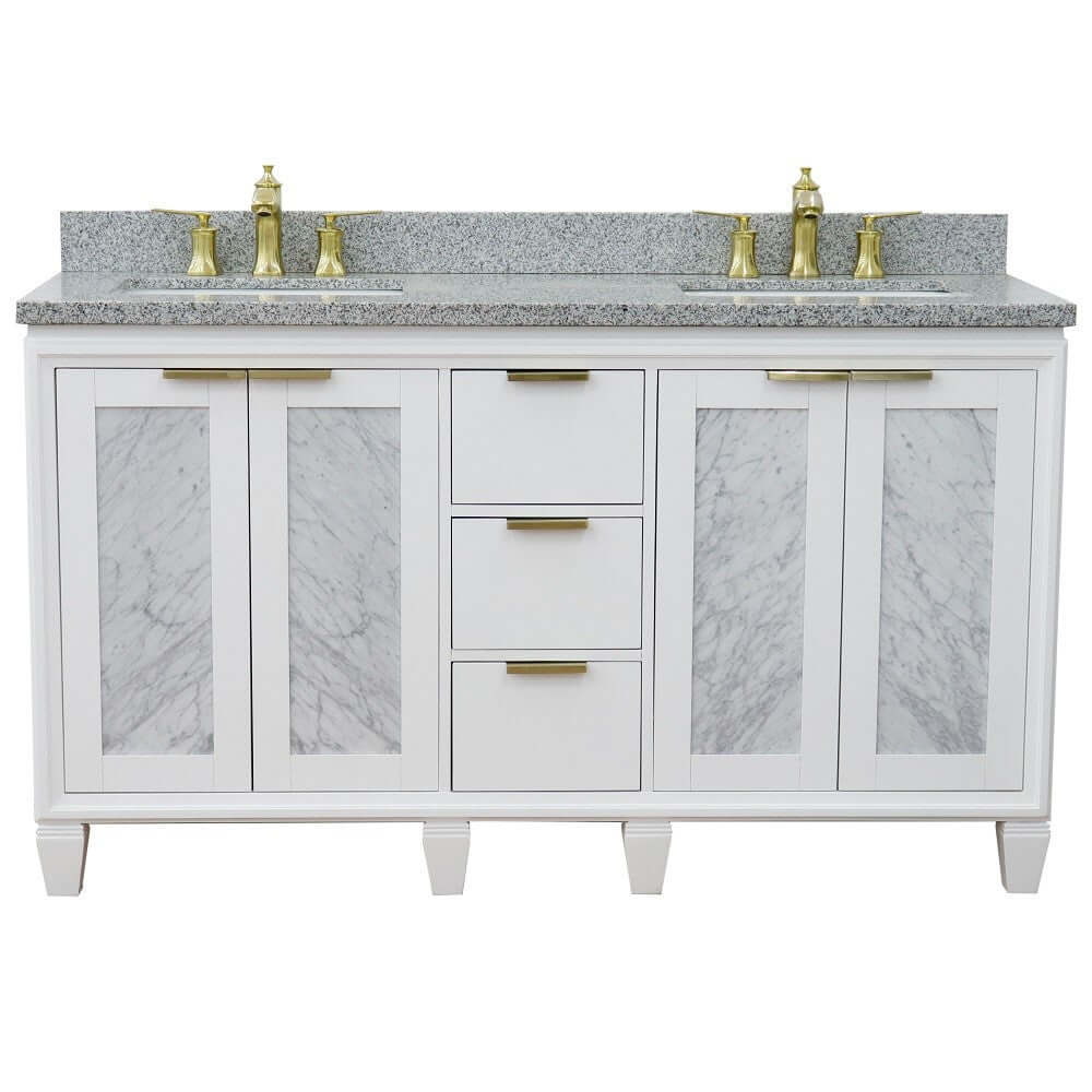 61" Double sink vanity in White finish with Gray granite and rectangle sink - 400990-61D-WH-GYR