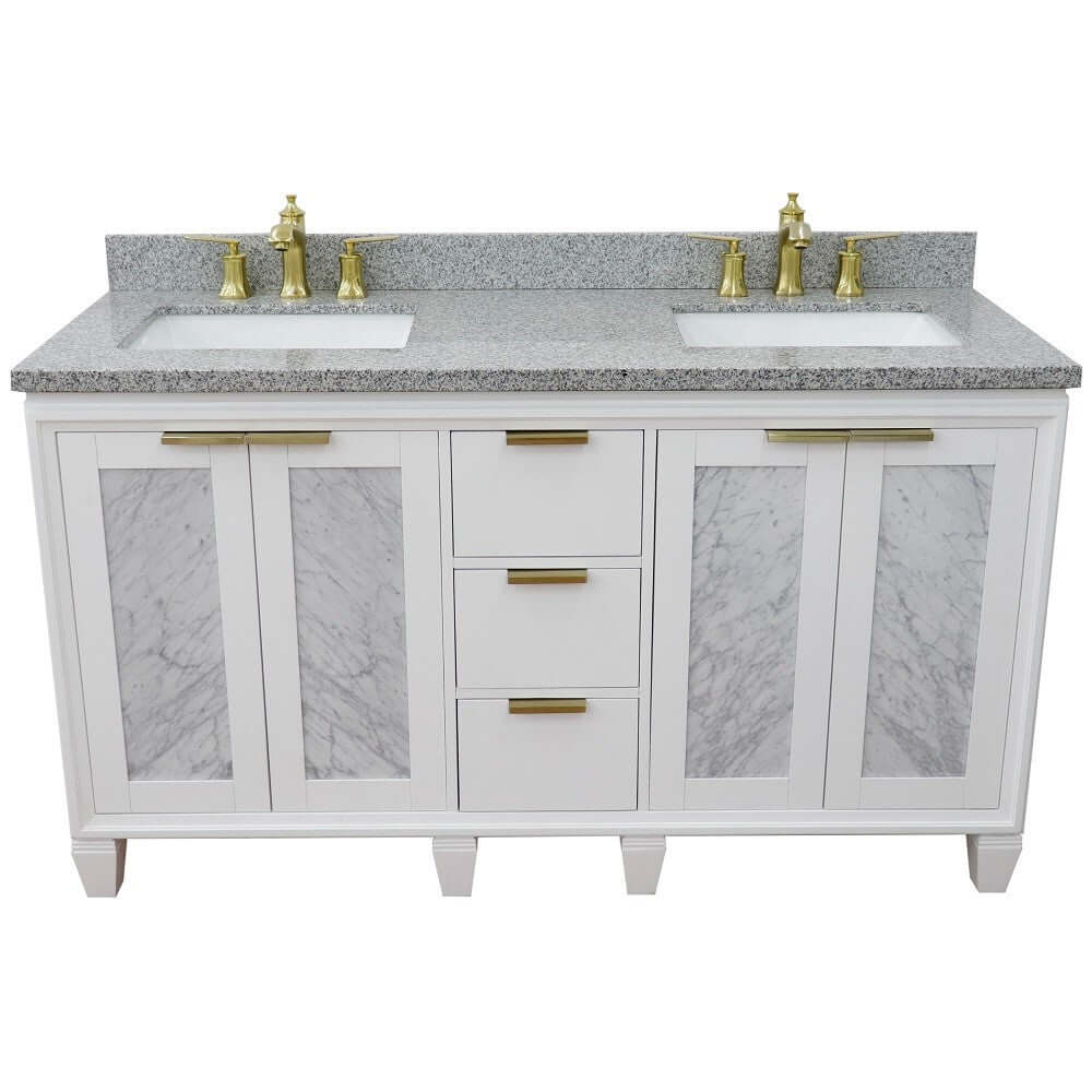 61" Double sink vanity in White finish with Gray granite and rectangle sink - 400990-61D-WH-GYR