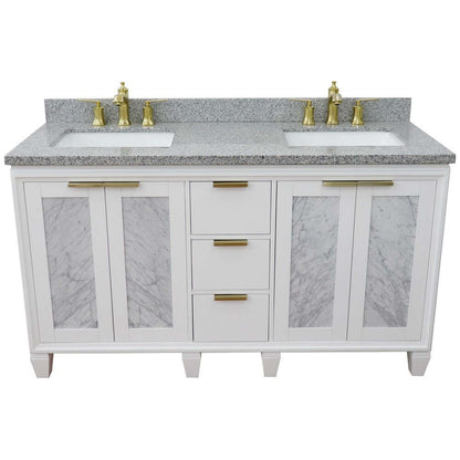 61" Double sink vanity in White finish with Gray granite and rectangle sink - 400990-61D-WH-GYR