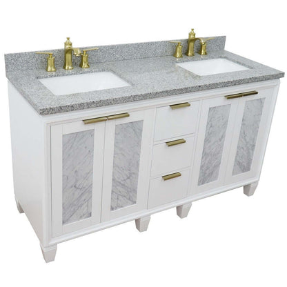 61" Double sink vanity in White finish with Gray granite and rectangle sink - 400990-61D-WH-GYR