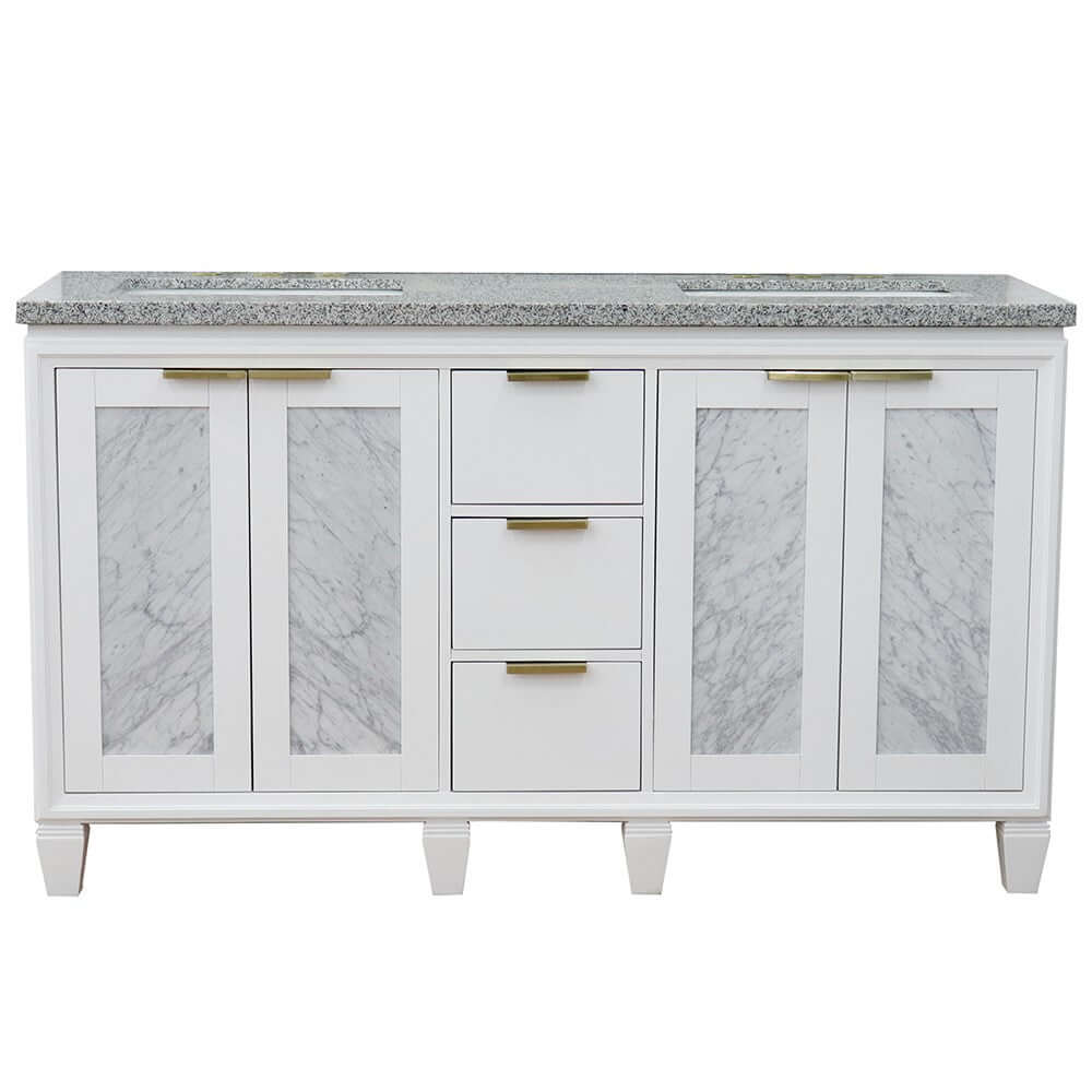 61" Double sink vanity in White finish with Gray granite and rectangle sink - 400990-61D-WH-GYR