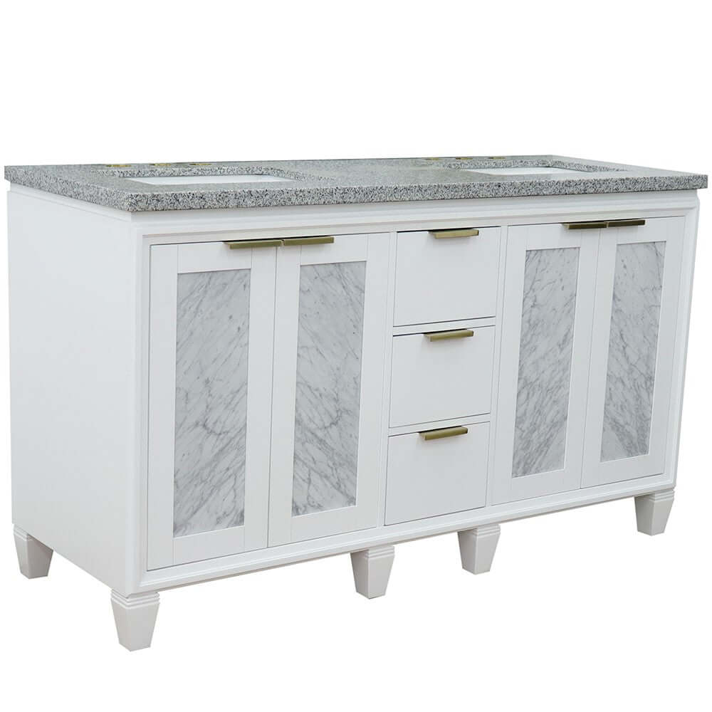 61" Double sink vanity in White finish with Gray granite and rectangle sink - 400990-61D-WH-GYR