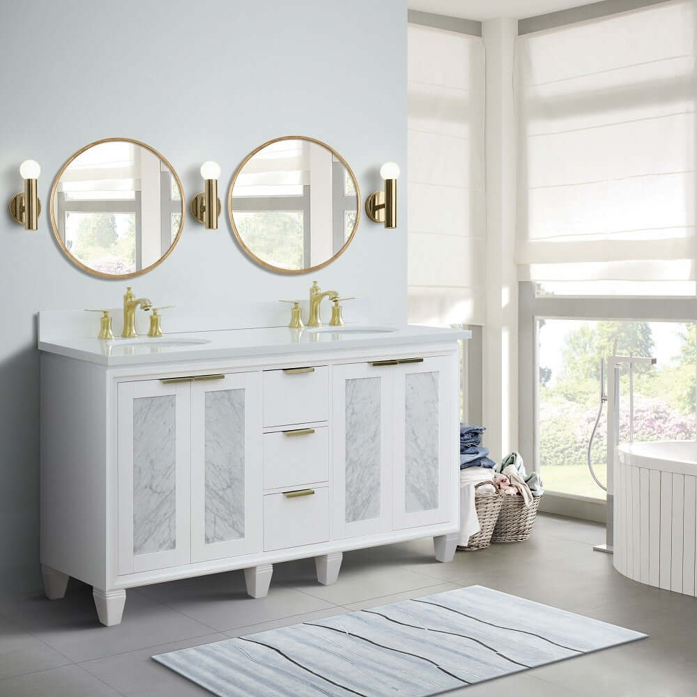 61" Double sink vanity in White finish with White quartz and oval sink - 400990-61D-WH-WEO