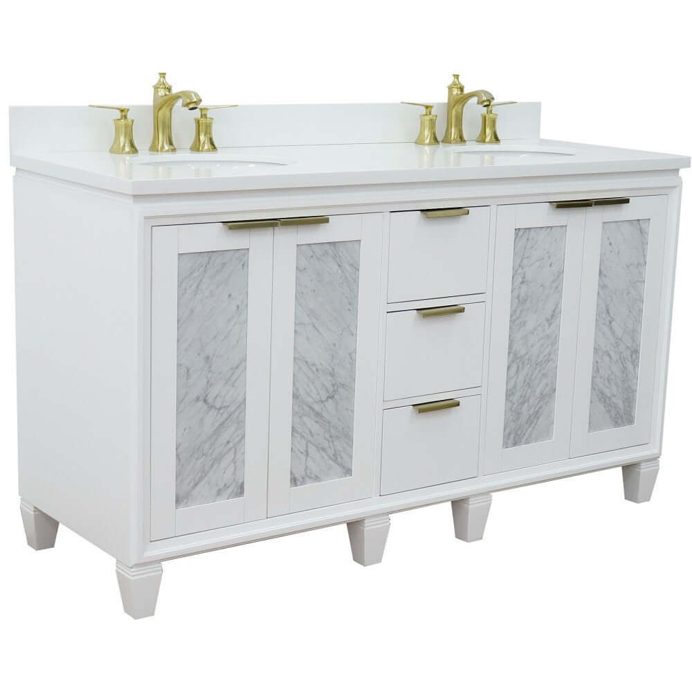 61" Double sink vanity in White finish with White quartz and oval sink - 400990-61D-WH-WEO