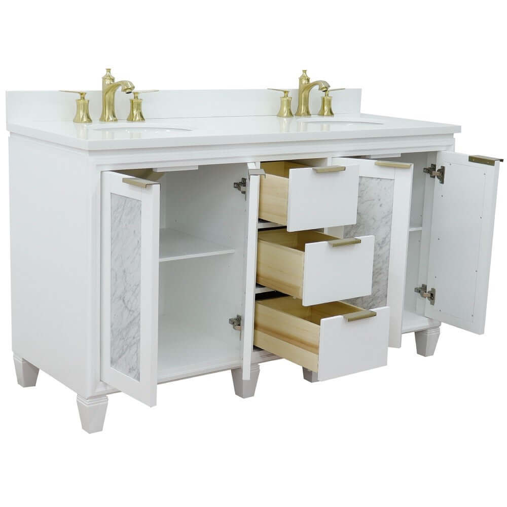 61" Double sink vanity in White finish with White quartz and oval sink - 400990-61D-WH-WEO