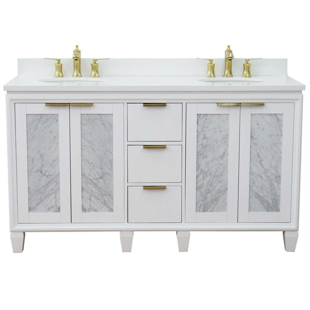 61" Double sink vanity in White finish with White quartz and oval sink - 400990-61D-WH-WEO