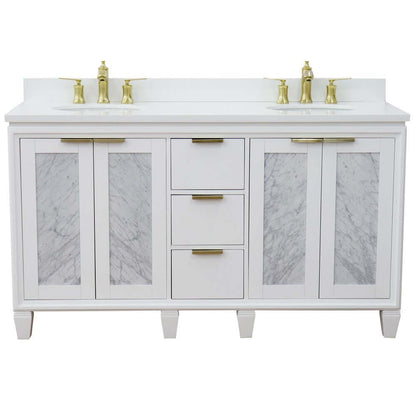 61" Double sink vanity in White finish with White quartz and oval sink - 400990-61D-WH-WEO