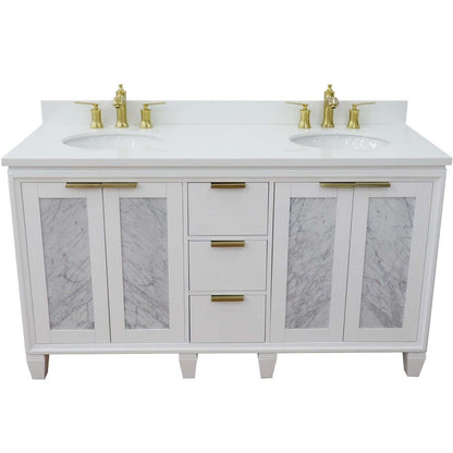 61" Double sink vanity in White finish with White quartz and oval sink - 400990-61D-WH-WEO