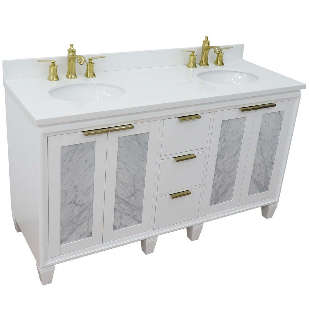 61" Double sink vanity in White finish with White quartz and oval sink - 400990-61D-WH-WEO