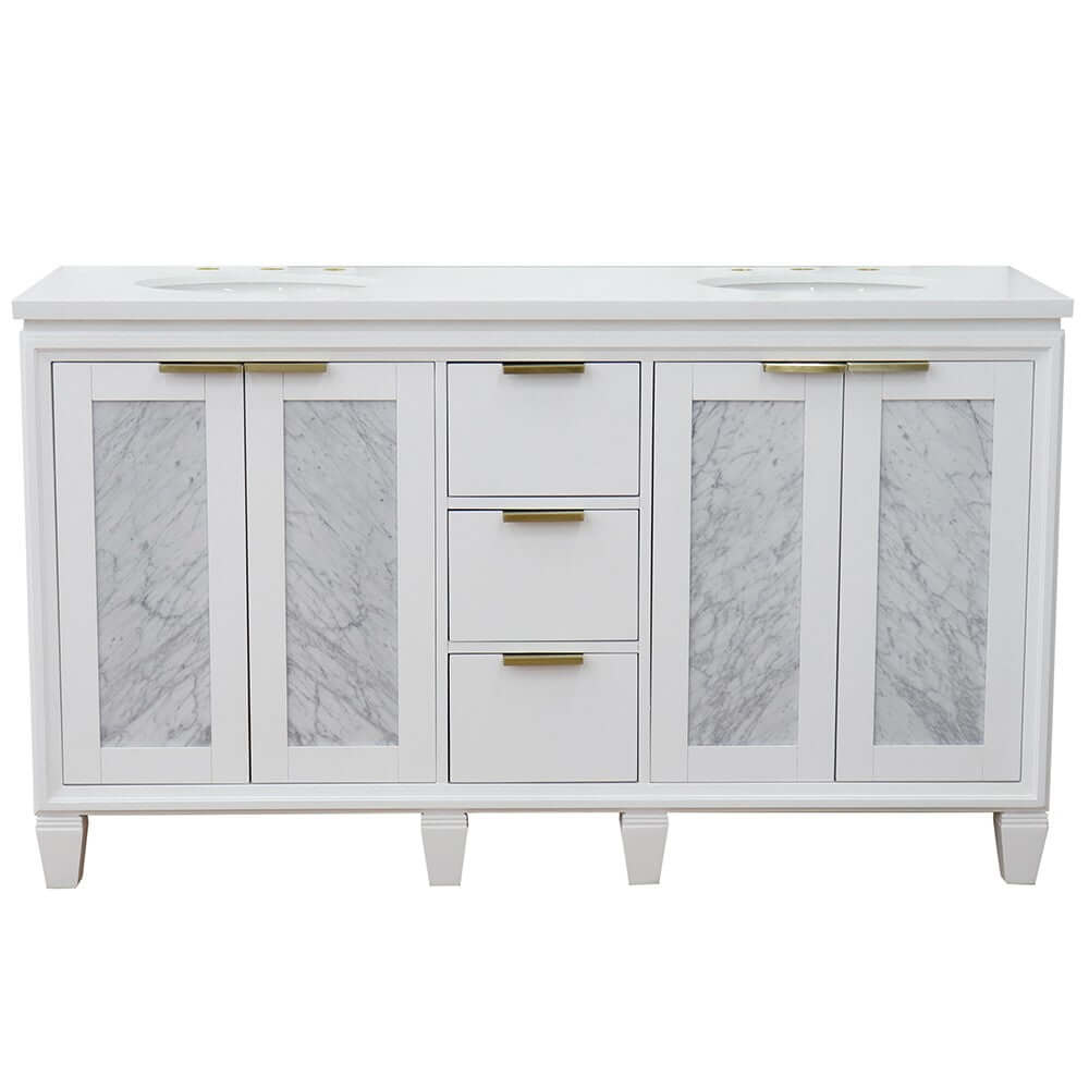 61" Double sink vanity in White finish with White quartz and oval sink - 400990-61D-WH-WEO