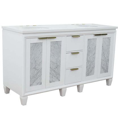 61" Double sink vanity in White finish with White quartz and oval sink - 400990-61D-WH-WEO