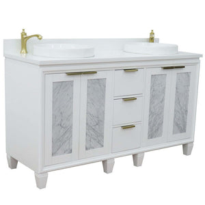 61" Double sink vanity in White finish with White quartz and round sink - 400990-61D-WH-WERD