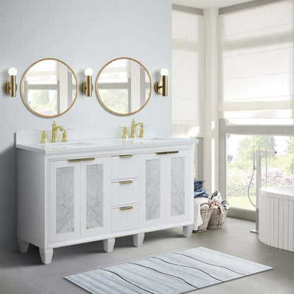 61" Double sink vanity in White finish with White quartz and rectangle sink - 400990-61D-WH-WER