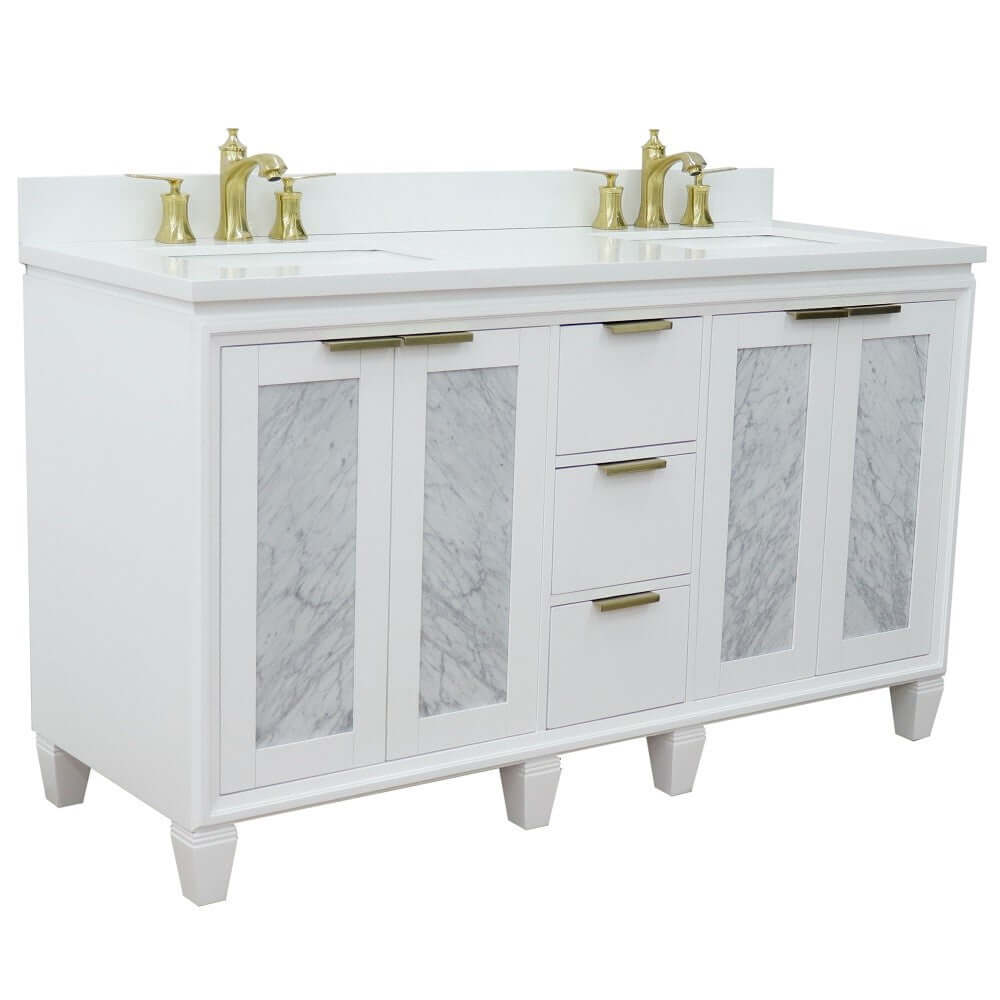 61" Double sink vanity in White finish with White quartz and rectangle sink - 400990-61D-WH-WER