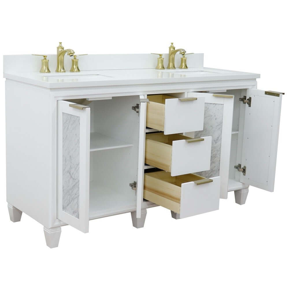 61" Double sink vanity in White finish with White quartz and rectangle sink - 400990-61D-WH-WER