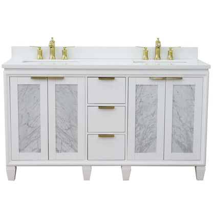 61" Double sink vanity in White finish with White quartz and rectangle sink - 400990-61D-WH-WER