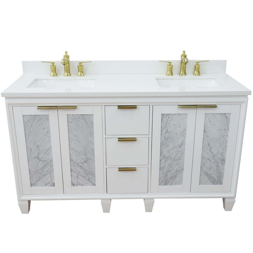 61" Double sink vanity in White finish with White quartz and rectangle sink - 400990-61D-WH-WER