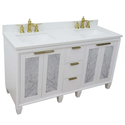 61" Double sink vanity in White finish with White quartz and rectangle sink - 400990-61D-WH-WER