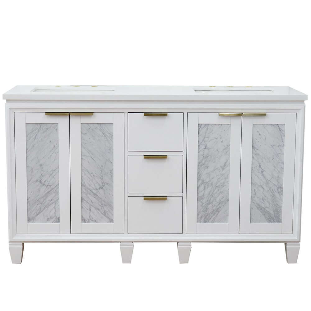 61" Double sink vanity in White finish with White quartz and rectangle sink - 400990-61D-WH-WER