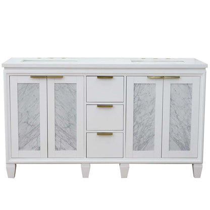 61" Double sink vanity in White finish with White quartz and rectangle sink - 400990-61D-WH-WER