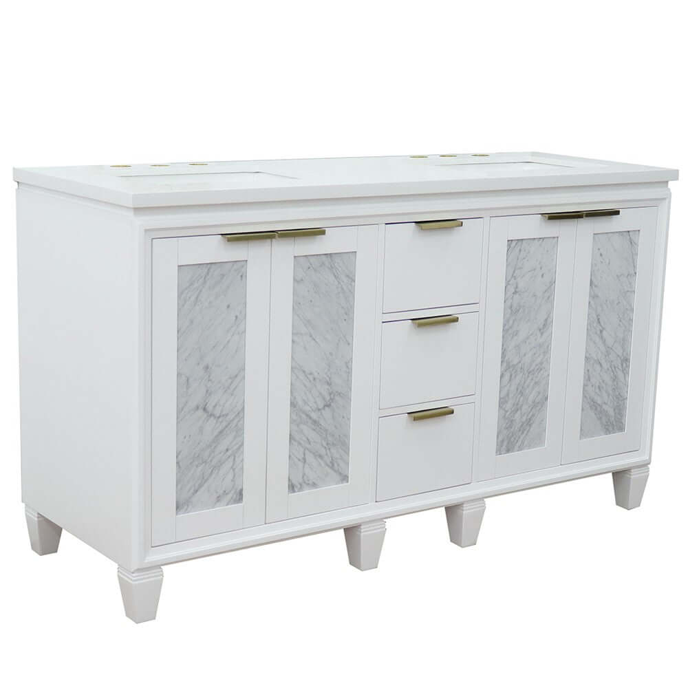 61" Double sink vanity in White finish with White quartz and rectangle sink - 400990-61D-WH-WER